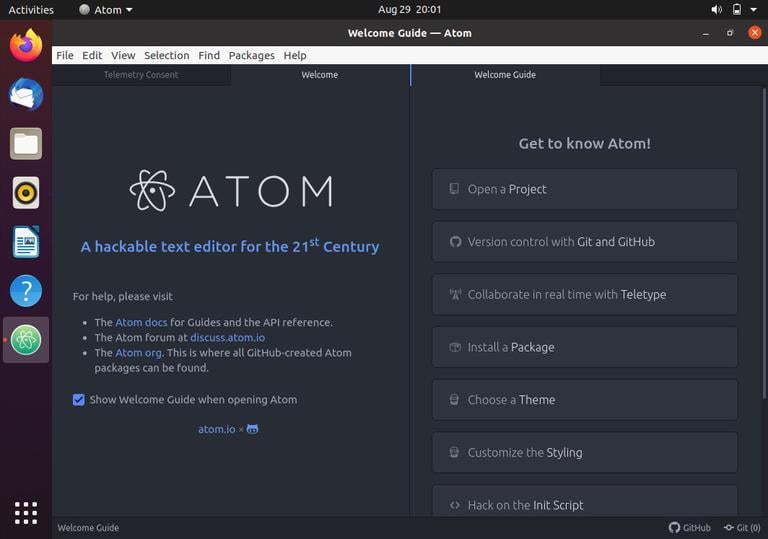Текстовый редактор Ubuntu Atom