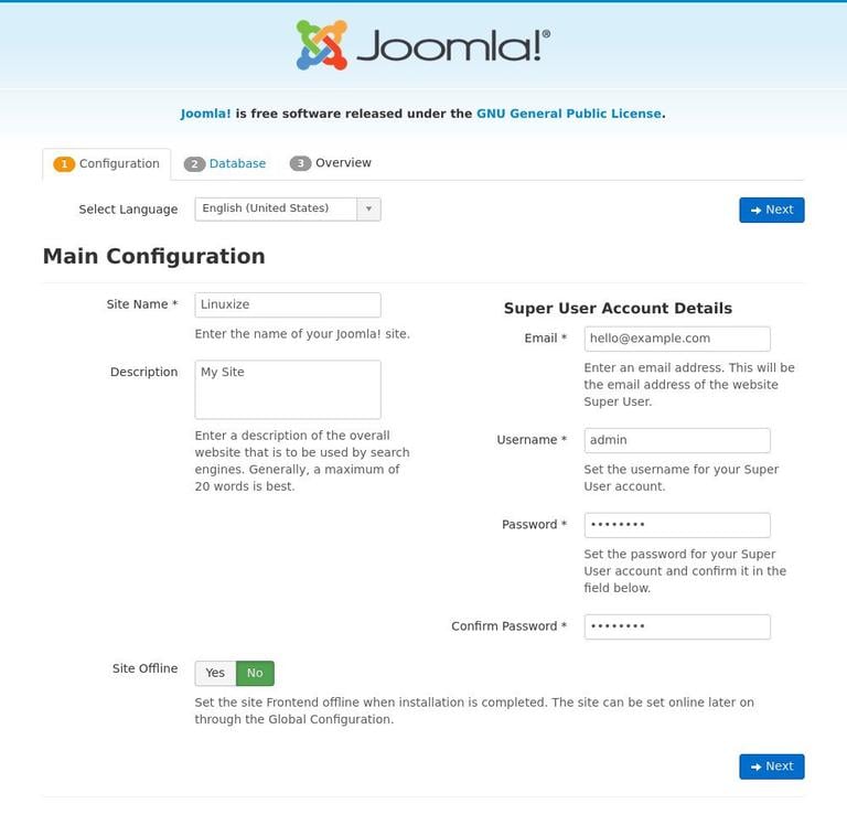 Установить конфигурацию Joomla