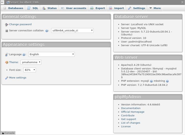 интерфейс phpmyadmin