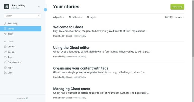 Панель управления Ghost