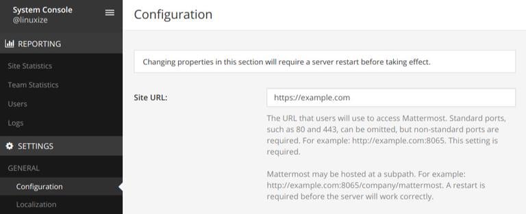 URL-адрес сайта Mattermost