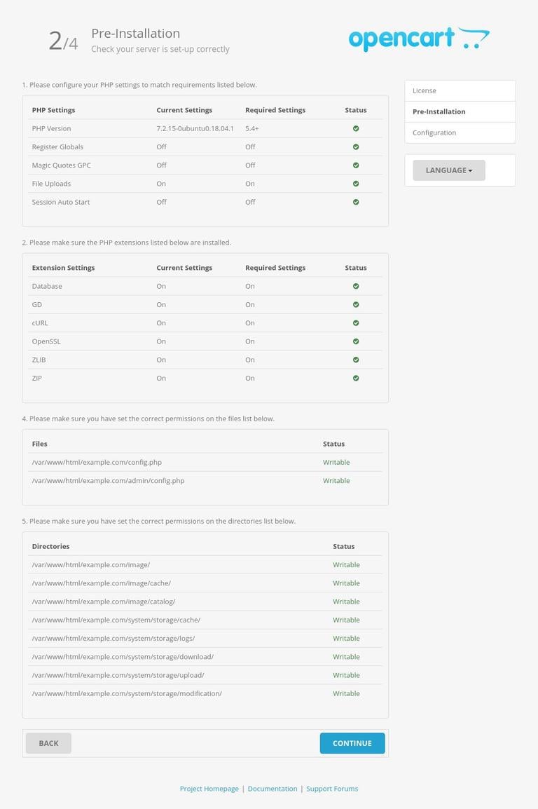 Установка предварительной установки OpenCart