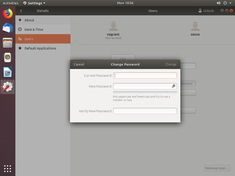 окно смены пароля пользователя в Ubuntu