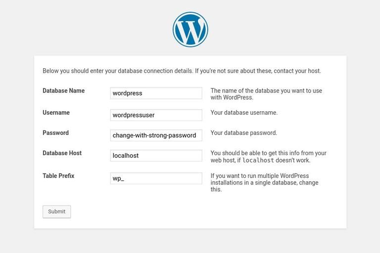 Установить информацию о базе данных WordPress