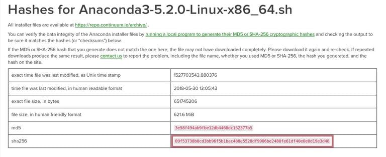 Хэш установщика Ubuntu Anaconda
